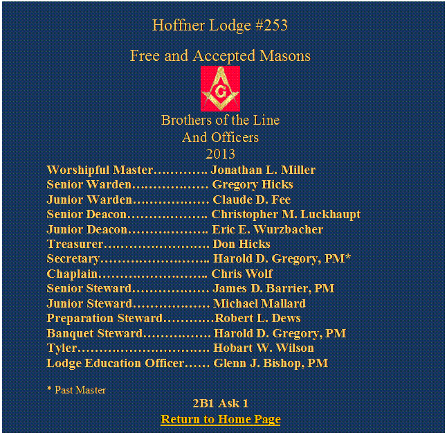 Text Box: Hoffner Lodge #253
Free and Accepted Masons
 
Brothers of the Line
And Officers
2013
Worshipful Master. Jonathan L. Miller
Senior Warden Gregory Hicks 
Junior Warden Claude D. Fee
Senior Deacon. Christopher M. Luckhaupt
Junior Deacon. Eric E. Wurzbacher  Treasurer. Don Hicks
Secretary.. Harold D. Gregory, PM*
Chaplain.. Chris Wolf
Senior Steward James D. Barrier, PM 
Junior Steward Michael Mallard
Preparation StewardRobert L. Dews
Banquet Steward. Harold D. Gregory, PM
Tyler. Hobart W. Wilson
Lodge Education Officer Glenn J. Bishop, PM

* Past Master
2B1 Ask 1
Return to Home Page
