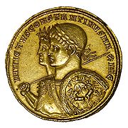 gold multiple coin of Constantine with
 Sol Invictus, printed in 313. The use of Sol's (A Roman Pagan God) image appealed to both the educated
 citizens of Gaul, who would recognize in it Apollo's patronage of Augustus and the arts;
 and to Christians, who found solar monotheism less objectionable than the traditional
 pagan pantheon.
