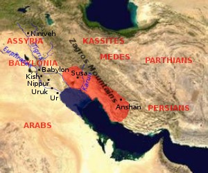 Map showing the area of the 
Elamite Empire (in red) and the neighboring areas. The approximate Bronze Age 
extension of the Persian Gulf is shown.