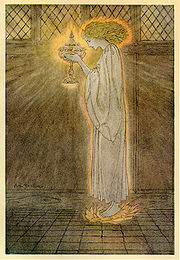 The Holy Grail, illustration by Arthur Rackham, 
1917. Pre-Raphaelite art at this time often represented contemporary interest in the 'spirit body',
 'aura' or 'body of light'