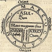 This T and O map, which abstracts that society's
 known world to a cross inscribed within an orb, remakes geography in the service of 
Christian iconography and identifies the three known continents as populated by descendents
 of Shem (Sem), Ham (Cham) and Japheth (Iafeth)