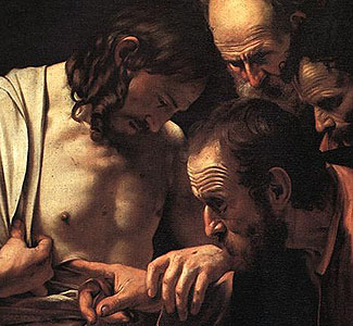 The Incredulity of Saint Thomas', by Caravaggio, 1601-1602, oil on canvas, Sanssouci, Potsdam.