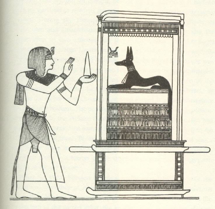 Pharaoh presents Anubis with a conical 
loaf of the precious stone. Temple of Abydos
