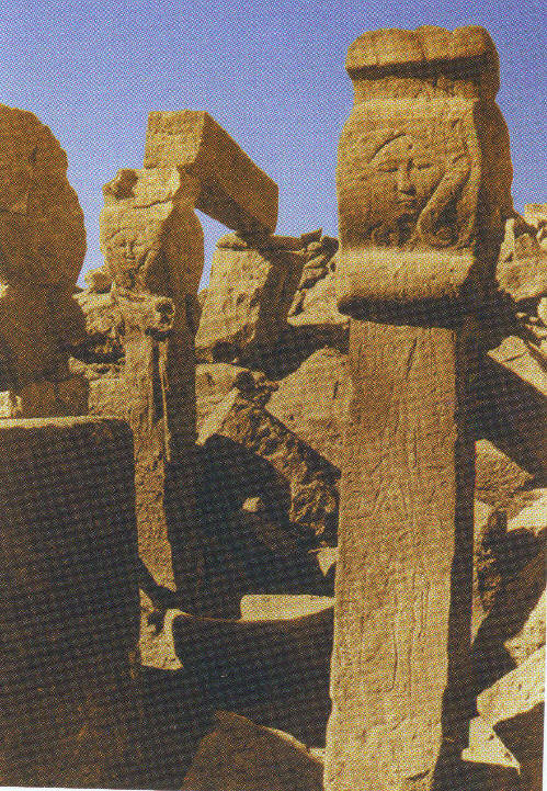 Hator pillars at the north doorway of the Mount Horeb temple