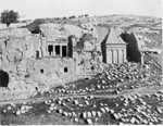 Tomb of St. James and Zachariah 
[Family of Bene Hazir - rock cut tomb in Qidron Valley, East of 
Temple Mount. Tomb of St James - several burial chambers behind
 loggia-like facade with decorated architrave. Tomb of Zachariah - 
rock cut with Ionic columns and pyramidal roof