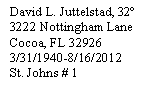 Text Box: David L. Juttelstad, 323222 Nottingham LaneCocoa, FL 329263/31/1940-8/16/2012St. Johns # 1